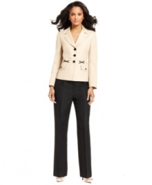 A seamed waist with crisscross details gives Kasper's petite jacket a crisp look while the pants play perfectly off its contrasting embellishments. A seamed waist with crisscross details gives Kasper's petite jacket a crisp look while the pants play perfectly off its contrasting embellishments.