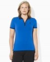The easy, classic silhouette of Lauren Ralph Lauren's essential plus size stretch cotton jersey polo is embellished with contrast detailing for athletic style.