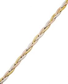 A shimmering twist. Giani Bernini's tri-tone bracelet combines braided strands of sterling silver, 24k gold and 24k rose gold over sterling silser into one pretty bracelet. Approximate length: 7-1/2 inches. A shimmering twist. Giani Bernini's tri-tone bracelet combines braided strands of sterling silver, 24k gold and 24k rose gold over sterling silser into one pretty bracelet. Approximate length: 7-1/2 inches.