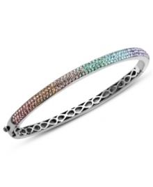 Slim, stackable style. Kaleidoscope's thin shimmering bangle makes a statement all its own, but can also be stacked with similar styles for a trendy layered look. Features a rainbow of round-cut light blue, light green, peach, beige, light pink, light purple and purple crystals with Swarovski Elements. Set in sterling silver. Bracelet features a hinge clasp. Approximate diameter: 2-1/2 inches. Slim, stackable style. Kaleidoscope's thin shimmering bangle makes a statement all its own, but can also be stacked with similar styles for a trendy layered look. Features a rainbow of round-cut light blue, light green, peach, beige, light pink, light purple and purple crystals with Swarovski Elements. Set in sterling silver. Bracelet features a hinge clasp. Approximate diameter: 2-1/2 inches.
