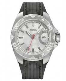 Bulova Accutron seamlessly integrates both rugged and sophisticated elements of style in this Curacao collection watch. Black textured rubber strap and round stainless steel case with rotating bezel and anti-reflective sapphire crystal. Silvery white grid-patterned dial features silver tone stick indices, minute track, date window at three o'clock, luminous hour and minute hands, red second hand and logo. Swiss mechanical Sellita movement. Water resistant to 300 meters. Five-year limited warranty. Bulova Accutron seamlessly integrates both rugged and sophisticated elements of style in this Curacao collection watch. Black textured rubber strap and round stainless steel case with rotating bezel and anti-reflective sapphire crystal. Silvery white grid-patterned dial features silver tone stick indices, minute track, date window at three o'clock, luminous hour and minute hands, red second hand and logo. Swiss mechanical Sellita movement. Water resistant to 300 meters. Five-year limited warranty.