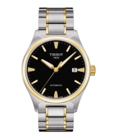 Stay on rhythm with this elegantly crafted piece from Tissot. The T-Tempo watch is crafted of stainless steel bracelet with gold tone accents and round stainless steel case with gold tone bezel. Black dial features gold tone applied stick indices, minute track, luminous three hands, date window at three o'clock and logo at twelve o'clock. Swiss automatic movement. Water resistant to 100 meters. Two-year limited warranty. Stay on rhythm with this elegantly crafted piece from Tissot. The T-Tempo watch is crafted of stainless steel bracelet with gold tone accents and round stainless steel case with gold tone bezel. Black dial features gold tone applied stick indices, minute track, luminous three hands, date window at three o'clock and logo at twelve o'clock. Swiss automatic movement. Water resistant to 100 meters. Two-year limited warranty.