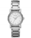 DKNY creates a dreamy watch with a mother-of-pearl dial and sparkling crystal accents at the bezel. Stainless steel bracelet and round case. Dial features stick indices and logo. Quartz movement. Water resistant to 50 meters. Two-year limited warranty.