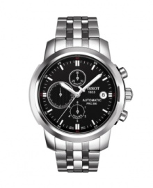 Polished to a high shine, self-winding and strikingly masculine. PRC 200 watch by Tissot crafted of stainless steel bracelet and round case with scratch-resistant sapphire crystal. Black chronograph dial features white stick indices, date window at three o'clock, three subdials, luminous hands and logo. Swiss quartz movement. Water resistant to 200 meters. Two-year limited warranty. Polished to a high shine, self-winding and strikingly masculine. PRC 200 watch by Tissot crafted of stainless steel bracelet and round case with scratch-resistant sapphire crystal. Black chronograph dial features white stick indices, date window at three o'clock, three subdials, luminous hands and logo. Swiss quartz movement. Water resistant to 200 meters. Two-year limited warranty.