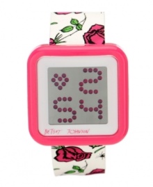 Flaunt your eccentric side with this retro-inspired watch by Betsey Johnson. Floral and spider print silicone strap and square fuchsia polycarbonate case. Positive display digital LCD screen shows time in pink. Quartz movement. Water resistant to 50 meters. Two-year limited warranty. Available exclusively at Macy's! Flaunt your eccentric side with this retro-inspired watch by Betsey Johnson. Floral and spider print silicone strap and square fuchsia polycarbonate case. Positive display digital LCD screen shows time in pink. Quartz movement. Water resistant to 50 meters. Two-year limited warranty. Available exclusively at Macy's!