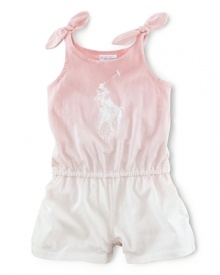 A sweet sleeveless romper in soft cotton jersey is truly adorable in an ombré hue accented with a printed polo pony.