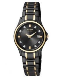 Contrasting metal tones make a dramatic impact on this Eco-Drive watch by Citizen. Contrasting metal tones make a dramatic impact on this Eco-Drive watch by Citizen.