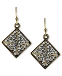Go for edgy elegance with these Jessica Simpson drop earrings. A pyramid design is embellished with pave crystal accents. Crafted in antiqued gold tone mixed metal. Approximate drop: 1-1/4 inches. Go for edgy elegance with these Jessica Simpson drop earrings. A pyramid design is embellished with pave crystal accents. Crafted in antiqued gold tone mixed metal. Approximate drop: 1-1/4 inches.