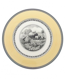 Mix and match, choosing from four patterns of black-and-white French country scenes and designs on white porcelain banded in yellow.