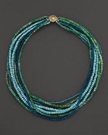 A vivid mix of turquoise, chrysoprase and apatite make up this eight-strand necklace from Lara Gold for LTC. A vivid mix of turquoise, chrysoprase and apatite make up this eight-strand necklace from Lara Gold for LTC.