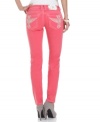 Embroidery and rhinestones add eye-catching appeal to these bright Miss Me skinny jeans -- a hot look for spring!