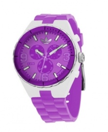 High-intensity color for a high-energy day. Cambridge watch by adidas crafted of purple silicone strap and round clear nylon case. Purple bezel with black stick indices. Purple grid-patterned chronograph dial features applied silver tone numerals at three, six and nine o'clock, stick indices, minute track, date window at four o'clock, three subdials, luminous hands and logo. Quartz movement. Water resistant to 50 meters. Two-year limited warranty. High-intensity color for a high-energy day. Cambridge watch by adidas crafted of purple silicone strap and round clear nylon case. Purple bezel with black stick indices. Purple grid-patterned chronograph dial features applied silver tone numerals at three, six and nine o'clock, stick indices, minute track, date window at four o'clock, three subdials, luminous hands and logo. Quartz movement. Water resistant to 50 meters. Two-year limited warranty.