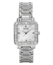 Dazzling detail dresses up this elegant watch by Bulova. Stainless steel bracelet and square case. Diamond accents at bezel. White mother-of-pearl dial with diamond-accent markers and logo. Quartz movement. Water resistant to 30 meters. Three-year limited warranty. Dazzling detail dresses up this elegant watch by Bulova. Stainless steel bracelet and square case. Diamond accents at bezel. White mother-of-pearl dial with diamond-accent markers and logo. Quartz movement. Water resistant to 30 meters. Three-year limited warranty.