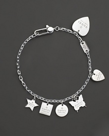 Logo-stamped charms dangle from this sterling silver chain bracelet. Logo-stamped charms dangle from this sterling silver chain bracelet.