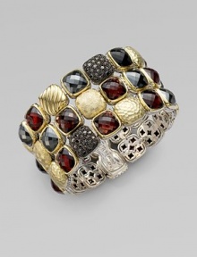 From the Chiclet Collection. A beautiful blend of faceted garnet and black onyx stones, pavé black diamonds and multi-texured 18k gold chiclets. Garnet and black onyxBlack diamonds, 1.4 tcw18K goldLength, about 7.5Push clasp closureImported From the Chiclet Collection. A beautiful blend of faceted garnet and black onyx stones, pavé black diamonds and multi-texured 18k gold chiclets. Garnet and black onyxBlack diamonds, 1.4 tcw18K goldLength, about 7.5Push clasp closureImported