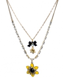 The essence of spring. Betsey Johnson's bumblebee-colored pendant features yellow and black enamel accents, baguette crystals, and a black bow and crystals. Two row design set in gold tone mixed metal. Approximate length: 16 inches + 3-inch extender. Approximate drop: 1-1/2 inches. The essence of spring. Betsey Johnson's bumblebee-colored pendant features yellow and black enamel accents, baguette crystals, and a black bow and crystals. Two row design set in gold tone mixed metal. Approximate length: 16 inches + 3-inch extender. Approximate drop: 1-1/2 inches.