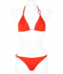 Chic bikini in fine, reddish orange nylon stretch - Classic triangle style with decorative metal link rings at neck and hips - Tie fastenings at halter neck and back - Nearly full coverage at rear, briefs sit comfortably at hips - Sophisticated and sexy, fits true to size - A must for your next beach getaway Chic bikini in fine, reddish orange nylon stretch - Classic triangle style with decorative metal link rings at neck and hips - Tie fastenings at halter neck and back - Nearly full coverage at rear, briefs sit comfortably at hips - Sophisticated and sexy, fits true to size - A must for your next beach getaway