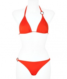 Chic bikini in fine, reddish orange nylon stretch - Classic triangle style with decorative metal link rings at neck and hips - Tie fastenings at halter neck and back - Nearly full coverage at rear, briefs sit comfortably at hips - Sophisticated and sexy, fits true to size - A must for your next beach getaway