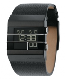 A flick of the wrist reveals a new time. This contemporary watch features a stainless steel case with black IP finish. Stainless steel crystal guard pushers and digital display. Black leather strap. Two-year limited warranty. A flick of the wrist reveals a new time. This contemporary watch features a stainless steel case with black IP finish. Stainless steel crystal guard pushers and digital display. Black leather strap. Two-year limited warranty.