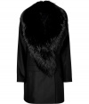 Inject a dramatic note into your luxe outerwear essentials with Tara Jarmons jet black wool blend coat, detailed with a removable fur collar for an ultra glamorous finish - Wrapped V-neckline, long sleeves, flapped pockets, back vent, slim straight cut - Pair with everything from jeans and boots to tailored cocktail sheaths and clutches