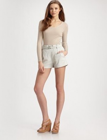 Belted at the waist and tailored in rich, buttery leather for a luxurious upgrade on a casual favorite.Ruffled high-waist Flat-front Slash pockets Back patch pockets Inseam, about 3 Leather Dry clean by a leather specialist Imported Belted at the waist and tailored in rich, buttery leather for a luxurious upgrade on a casual favorite.Ruffled high-waist Flat-front Slash pockets Back patch pockets Inseam, about 3 Leather Dry clean by a leather specialist Imported
