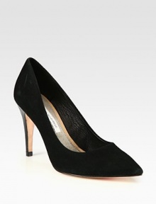 A shiny patent leather heel completes this timeless point toe silhouette of butter-soft suede. Patent leather heel, 3¾ (95mm)Suede upperPoint toeLeather lining and solePadded insoleImported
