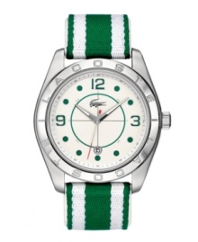 Lacoste achieves a casual yet tailored look with this athletic Panama watch. Green and white striped canvas strap with leather backing and round stainless steel case. Bezel etched with logo. White dial features applied numerals at twelve, three and nine o'clock, dot markers, date window at six o'clock, luminous hour and minute hands, red-tipped second hand and iconic crocodile logo. Quartz movement. Water resistant to 50 meters. Two-year limited warranty. Lacoste achieves a casual yet tailored look with this athletic Panama watch. Green and white striped canvas strap with leather backing and round stainless steel case. Bezel etched with logo. White dial features applied numerals at twelve, three and nine o'clock, dot markers, date window at six o'clock, luminous hour and minute hands, red-tipped second hand and iconic crocodile logo. Quartz movement. Water resistant to 50 meters. Two-year limited warranty.