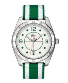 Lacoste achieves a casual yet tailored look with this athletic Panama watch. Green and white striped canvas strap with leather backing and round stainless steel case. Bezel etched with logo. White dial features applied numerals at twelve, three and nine o'clock, dot markers, date window at six o'clock, luminous hour and minute hands, red-tipped second hand and iconic crocodile logo. Quartz movement. Water resistant to 50 meters. Two-year limited warranty.