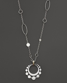 From John Hardy's Dot Deco Collection, a double-disc pendant with circle detail and link etching. Hangs on a sautoir chain with interspersed ring accents. Designed by John Hardy. From John Hardy's Dot Deco Collection, a double-disc pendant with circle detail and link etching. Hangs on a sautoir chain with interspersed ring accents. Designed by John Hardy.