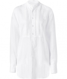 Luxurious white tuxedo shirt in a cotton-silk blend - With a Henley half placket - Tucks in the front - Slightly fitted - Nice and long to tuck into skirts or pants - A 24/7 classic that can be worn during the day with jeans or for evening with slim trousers - Styling tip: unbuttoned low and delicate gold jewellry. Wow! Luxurious white tuxedo shirt in a cotton-silk blend - With a Henley half placket - Tucks in the front - Slightly fitted - Nice and long to tuck into skirts or pants - A 24/7 classic that can be worn during the day with jeans or for evening with slim trousers - Styling tip: unbuttoned low and delicate gold jewellry. Wow!