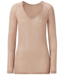 Stylish long sleeve shirt from a fine viscose blend - Very soft and comfortable quality - Classic color beige - With a wide, feminine, piped V-neck - The cut is slim, fitted and slightly longer, no cuffs - Casual, yet dressed up alternative to a blouse - Goes with a pant suit, jeans, a cardigan