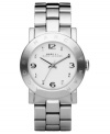 Style that stands the test of time. This gorgeous Marc by Marc Jacobs watch features a stainless steel bracelet and round case. Logo at bezel. White dial with logo, silvertone numerals and crystal accents. Quartz movement. Water resistant to 30 meters. Two-year limited warranty.