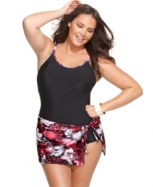 Sarong styling and tummy control give you a smooth silhouette. The surprise: the skirt is actually attached to Christina's plus size suit! Sarong styling and tummy control give you a smooth silhouette. The surprise: the skirt is actually attached to Christina's plus size suit!