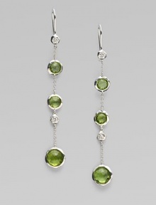 From the Silver Rain Collection. Delicate diamonds and richly colored faceted peridot within setttings of hammered sterling silver dangle delightfully from graceful chains.Diamonds, .20 tcw PeridotSterling silverDrop, about 2½Ear wireImported