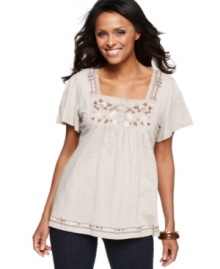 Style&co.'s embellished peasant tunic makes a pretty way to top off your favorite jeans and capris! Style&co.'s embellished peasant tunic makes a pretty way to top off your favorite jeans and capris!