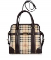 Detailed in a logo check with sleek chocolate leather trim, Burberry Londons belted tote is an iconic multi-season must for lady-chic looks - Double top handles, removable belted shoulder strap, wrap-around sash with turnlock closure, top zip with buckled side straps and magnetic snap closures, gold-toned logo hardware, inside back wall zippered pocket, two front wall slot pockets, protective feet - Carry as a sophisticated compliment to polished daytime looks