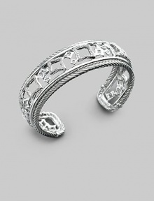 From the Cable and Tapestry Collection. A graceful cuff of sterling silver offers lacy geometric shapes outlined in pavé diamonds with cable trim. Diamonds, 0.62 tcw Sterling silver Cable, 3mm Diameter, about 2¼ Width, about ¾ Made in USA From the Cable and Tapestry Collection. A graceful cuff of sterling silver offers lacy geometric shapes outlined in pavé diamonds with cable trim. Diamonds, 0.62 tcw Sterling silver Cable, 3mm Diameter, about 2¼ Width, about ¾ Made in USA