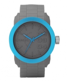 A sport watch with style, by Diesel. Gray faux link texture silicone bracelet and round gray plastic case, 44mm, with blue aluminum bezel. Matte gray dial features stick indices, minute track, large numerals at two, three and four o'clock, logo and three blue hands. Quartz movement. Water resistant to 30 meters. Two-year limited warranty.