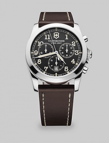 A classic timepiece is accented with a three-eye chronograph movement, set in a stainless steel case with a tanned leather strap bracelet.Quartz movementRound bezelWater resistant to 100ATMDate display at 6 o'clockSecond handStainless steel case: 40mm(1.57)Leather strap braceletImported