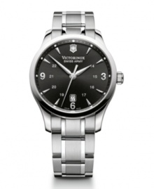 Align yourself with distinguished design. Alliance watch by Victorinox Swiss Army crafted of stainless steel bracelet and round case with anti-reflective triple-coated sapphire crystal. Black dial features applied silver tone numerals and stick indices, minute track, military time, date window at six o'clock, three hands and logo. Swiss quartz movement. Water resistant to 100 meters. Three-year limited warranty. Align yourself with distinguished design. Alliance watch by Victorinox Swiss Army crafted of stainless steel bracelet and round case with anti-reflective triple-coated sapphire crystal. Black dial features applied silver tone numerals and stick indices, minute track, military time, date window at six o'clock, three hands and logo. Swiss quartz movement. Water resistant to 100 meters. Three-year limited warranty.