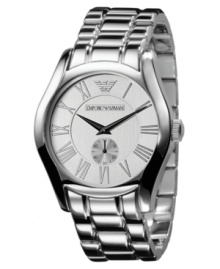 A handsome vintage-inspired watch from Emporio Armani, with distinguished and durable crafting. Silvertone stainless steel bracelet and round case. Round white dial with subdial, logo and roman numeral indices. Quartz movement. Water resistant to 30 meters. Two-year limited warranty. A handsome vintage-inspired watch from Emporio Armani, with distinguished and durable crafting. Silvertone stainless steel bracelet and round case. Round white dial with subdial, logo and roman numeral indices. Quartz movement. Water resistant to 30 meters. Two-year limited warranty.