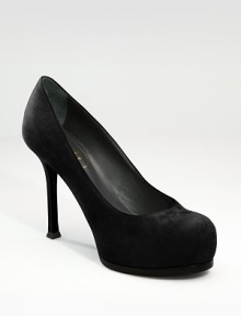 Soft suede platform style with gently rounded toe is a modern classic.Self-covered heel, 4 (100mm) Hidden platform, 1 (25mm) Compares to a 3 heel, (75mm) Leather lining and sole Padded insole Made in ItalyOUR FIT MODEL RECOMMENDS ordering one half size up as this style runs small. Soft suede platform style with gently rounded toe is a modern classic.Self-covered heel, 4 (100mm) Hidden platform, 1 (25mm) Compares to a 3 heel, (75mm) Leather lining and sole Padded insole Made in ItalyOUR FIT MODEL RECOMMENDS ordering one half size up as this style runs small.