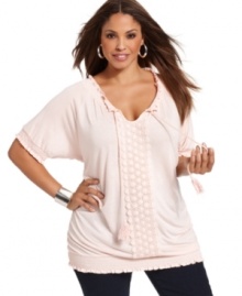 Indulge in the casual elegance of INC's short sleeve plus size peasant top, accented by crochet trim. Indulge in the casual elegance of INC's short sleeve plus size peasant top, accented by crochet trim.