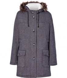 Warmth and style are no longer mutually exclusive with this schoolboy-inspired wool-blend hooded coat from Paul & Joe Sister - Faux-fur trimmed hood with drawstring, front button placket, hidden front zip, long sleeves, flap pockets, belted back sash, cream faux-shearling zip-in vest lining, quilted coat lining - Classic straight fit - Wear with an elevated jeans-and-tee ensemble or a pencil skirt and blouse combo