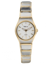 A modern, metallic look you'll love. Bold and bright goldtone and silvertone alloy bracelet and case. Silvertone dial with goldtone markers. Three-hand, analog quartz movement. Water resistant to 30 meters. A modern, metallic look you'll love. Bold and bright goldtone and silvertone alloy bracelet and case. Silvertone dial with goldtone markers. Three-hand, analog quartz movement. Water resistant to 30 meters.