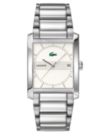 Build your image with this classic Lacoste watch. Stainless steel bracelet and rectangular case. White dial with logo, silvertone stick indices and date window. Quartz movement. Water resistant to 30 meters. Two-year limited warranty. Build your image with this classic Lacoste watch. Stainless steel bracelet and rectangular case. White dial with logo, silvertone stick indices and date window. Quartz movement. Water resistant to 30 meters. Two-year limited warranty.