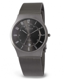 A strong design and a comfortable fit. This Skagen Denmark watch features a titanium-plated stainless steel mesh bracelet and lightweight round case. Charcoal dial with tonal luminous numerals, date window and logo. Quartz movement. Water resistant to 30 meters. Limited lifetime warranty. A strong design and a comfortable fit. This Skagen Denmark watch features a titanium-plated stainless steel mesh bracelet and lightweight round case. Charcoal dial with tonal luminous numerals, date window and logo. Quartz movement. Water resistant to 30 meters. Limited lifetime warranty.
