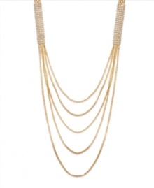 Draped and dramatic. Unveil a whole, new look in Bar III's five-tier necklace. Gold tone mixed metal chains combine with sparkling crystals to add elaborate detail. Approximate length: 19 inches. Approximate drop: 9 inches. Draped and dramatic. Unveil a whole, new look in Bar III's five-tier necklace. Gold tone mixed metal chains combine with sparkling crystals to add elaborate detail. Approximate length: 19 inches. Approximate drop: 9 inches.