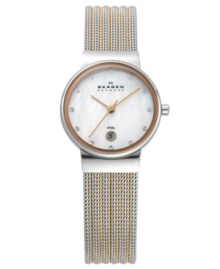 Show your stripes. The rose and silver tone mesh bracelet on this Skagen Denmark watch creates an elegant silhouette. Show your stripes. The rose and silver tone mesh bracelet on this Skagen Denmark watch creates an elegant silhouette.