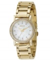 For the woman who deserves the prettiest things. This DKNY watch features a goldtone ion-plated stainless steel bracelet and round case. Crystal-accented bezel. Mother-of-pearl dial with goldtone stick indices, crystal accents at markers and logo. Quartz movement. Water resistant to 50 meters. Two-year limited warranty.